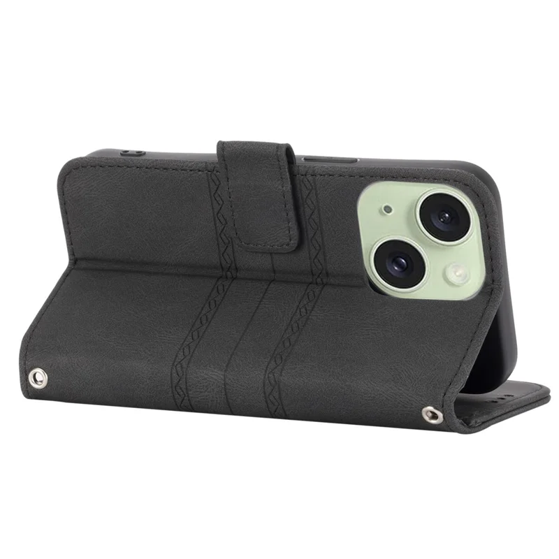 Für iPhone 15 Hülle Bedrucktes PU-Leder-Ständergeldbörse Kratzsichere Telefonschale mit Riemen - Schwarz