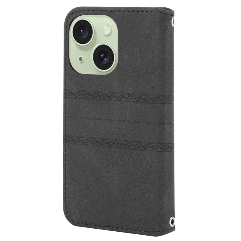 Für iPhone 15 Hülle Bedrucktes PU-Leder-Ständergeldbörse Kratzsichere Telefonschale mit Riemen - Schwarz