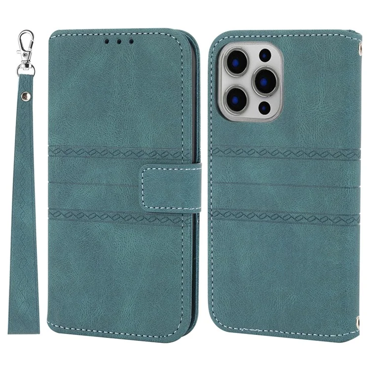 For iPhone 15 Pro Case Imprinted PU Leather Wallet Stand Phone Cover with Strap - Blackish Green