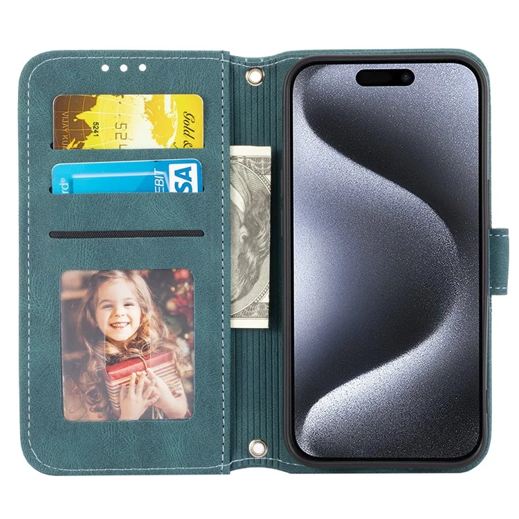 For iPhone 15 Pro Case Imprinted PU Leather Wallet Stand Phone Cover with Strap - Blackish Green
