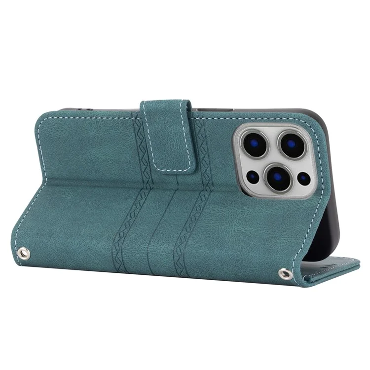 For iPhone 15 Pro Case Imprinted PU Leather Wallet Stand Phone Cover with Strap - Blackish Green