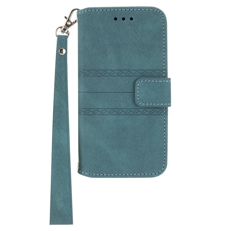 For iPhone 15 Pro Case Imprinted PU Leather Wallet Stand Phone Cover with Strap - Blackish Green