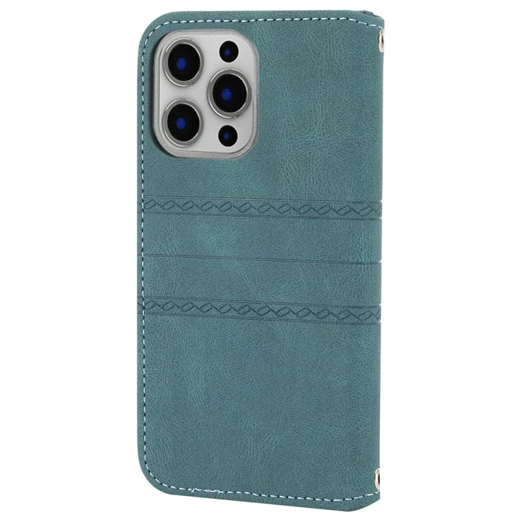 For iPhone 15 Pro Case Imprinted PU Leather Wallet Stand Phone Cover with Strap - Blackish Green