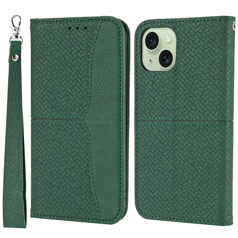 Für iPhone 15 Case Drop-proof Leder Geldbörse Ständer Handyhülle mit Gurt - Grün