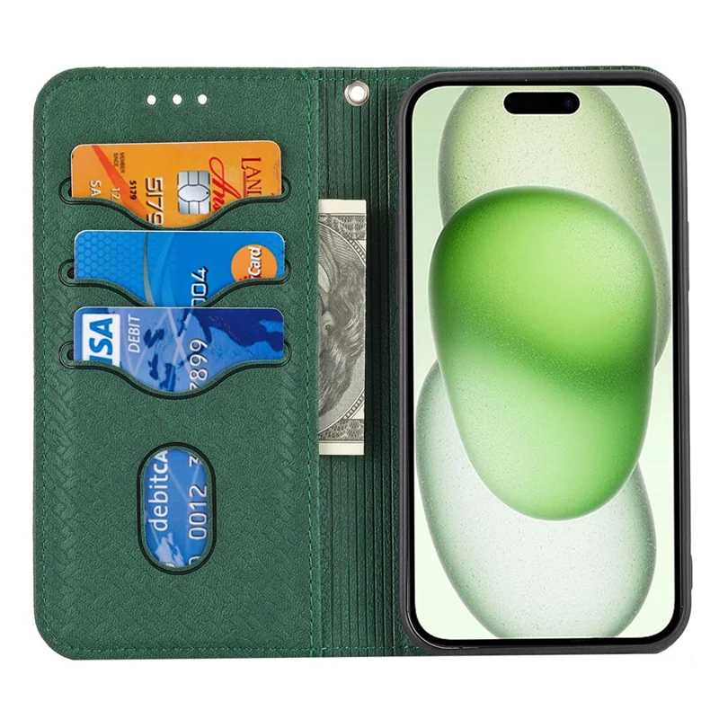 Für iPhone 15 Case Drop-proof Leder Geldbörse Ständer Handyhülle mit Gurt - Grün