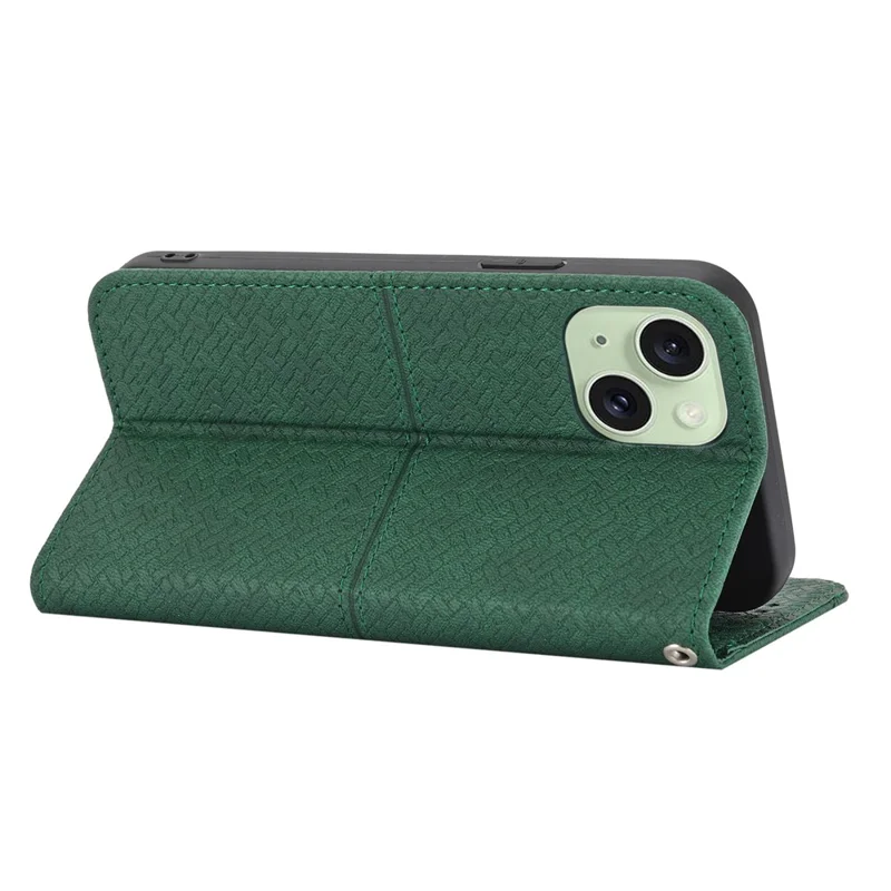 Für iPhone 15 Case Drop-proof Leder Geldbörse Ständer Handyhülle mit Gurt - Grün