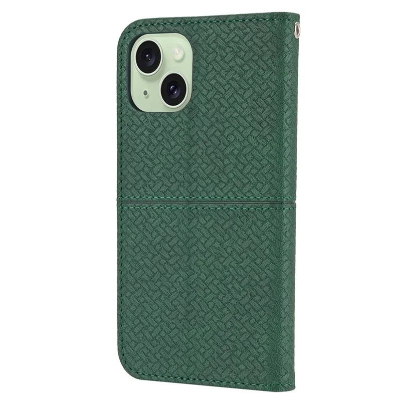 Für iPhone 15 Case Drop-proof Leder Geldbörse Ständer Handyhülle mit Gurt - Grün