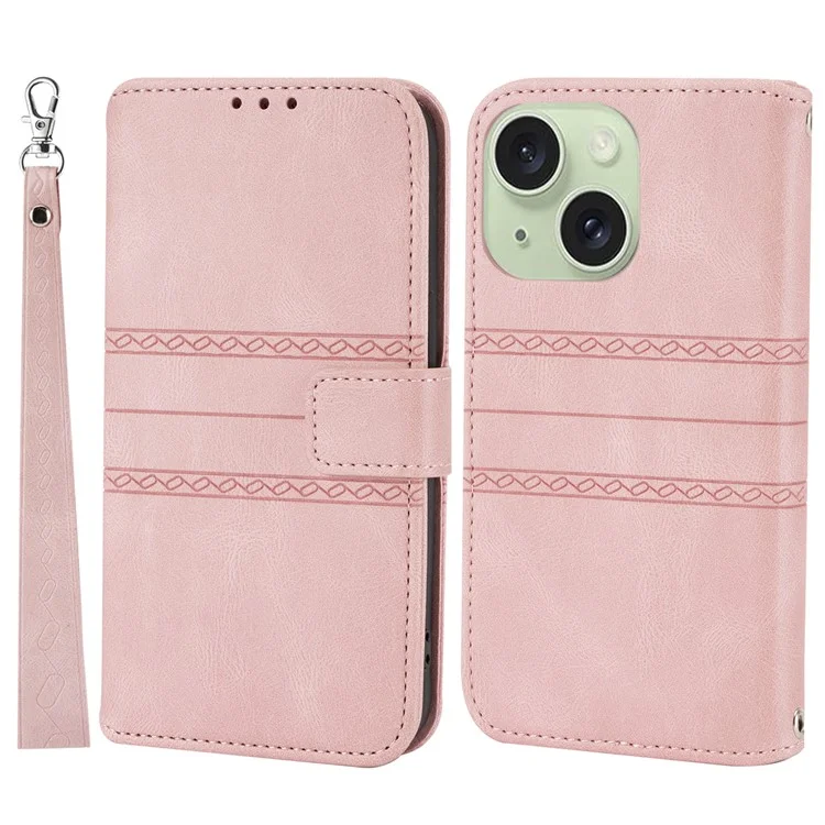 For iPhone 15 Plus Case Imprinted PU Leather Wallet Anti-drop Phone Cover with Strap - Pink