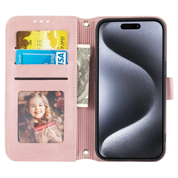 For iPhone 15 Plus Case Imprinted PU Leather Wallet Anti-drop Phone Cover with Strap - Pink