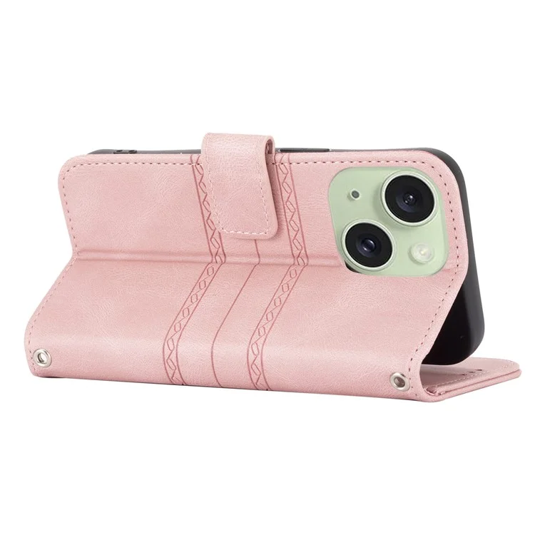 For iPhone 15 Plus Case Imprinted PU Leather Wallet Anti-drop Phone Cover with Strap - Pink