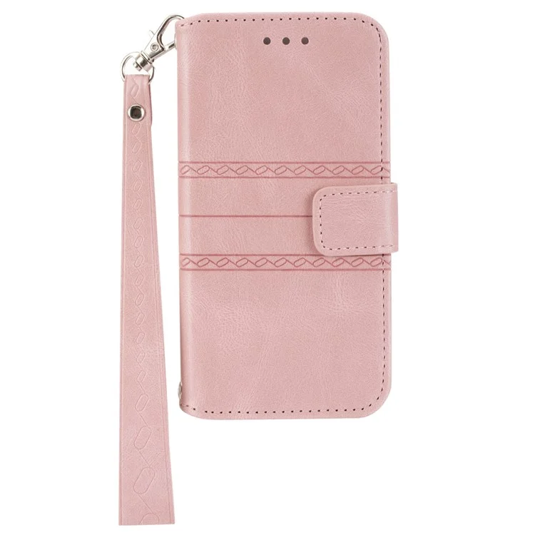 For iPhone 15 Plus Case Imprinted PU Leather Wallet Anti-drop Phone Cover with Strap - Pink