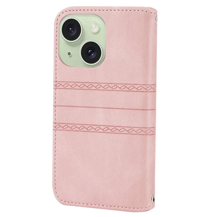 For iPhone 15 Plus Case Imprinted PU Leather Wallet Anti-drop Phone Cover with Strap - Pink