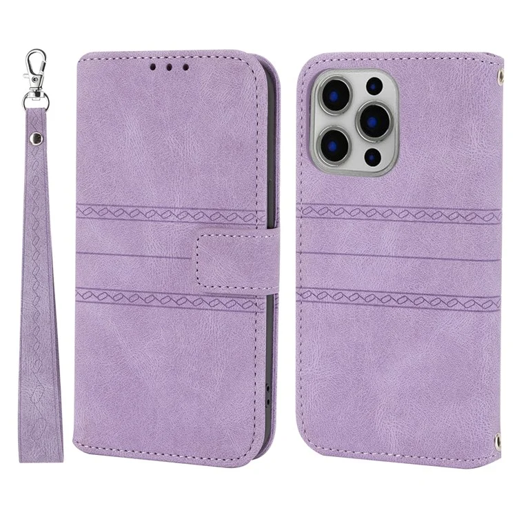 Coque pour iPhone 15 Pro Max Imprinted Leather Stand Shockproof Phone Shell avec Dragonne - Violet Clair