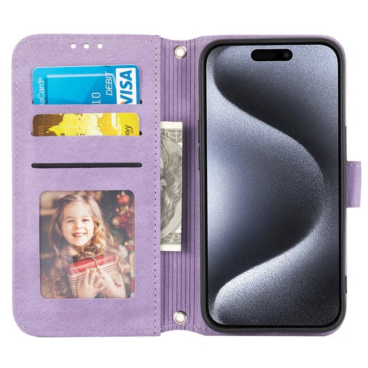 Coque pour iPhone 15 Pro Max Imprinted Leather Stand Shockproof Phone Shell avec Dragonne - Violet Clair