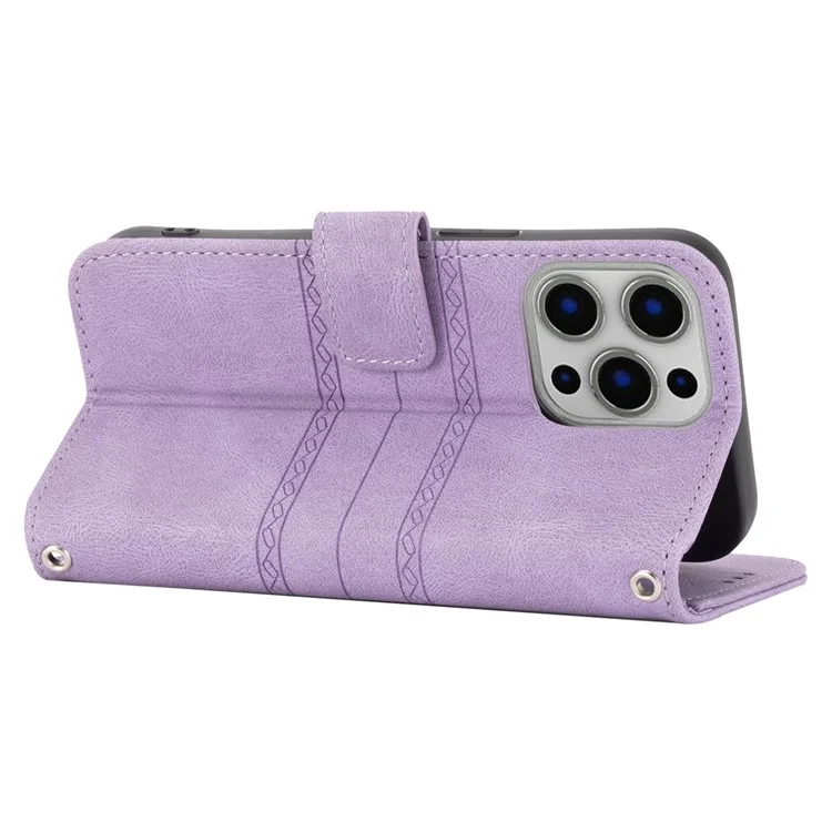 Coque pour iPhone 15 Pro Max Imprinted Leather Stand Shockproof Phone Shell avec Dragonne - Violet Clair