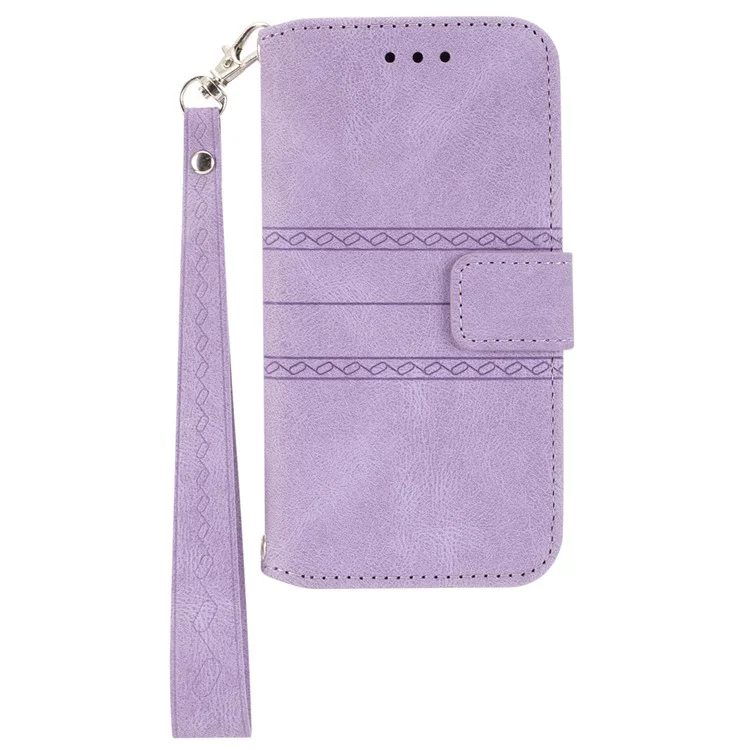Coque pour iPhone 15 Pro Max Imprinted Leather Stand Shockproof Phone Shell avec Dragonne - Violet Clair