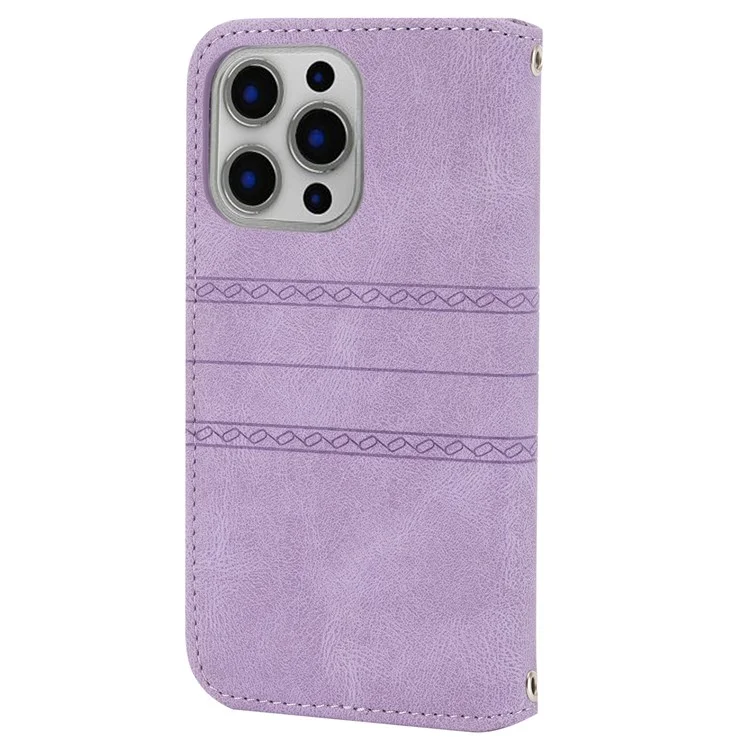 Coque pour iPhone 15 Pro Max Imprinted Leather Stand Shockproof Phone Shell avec Dragonne - Violet Clair