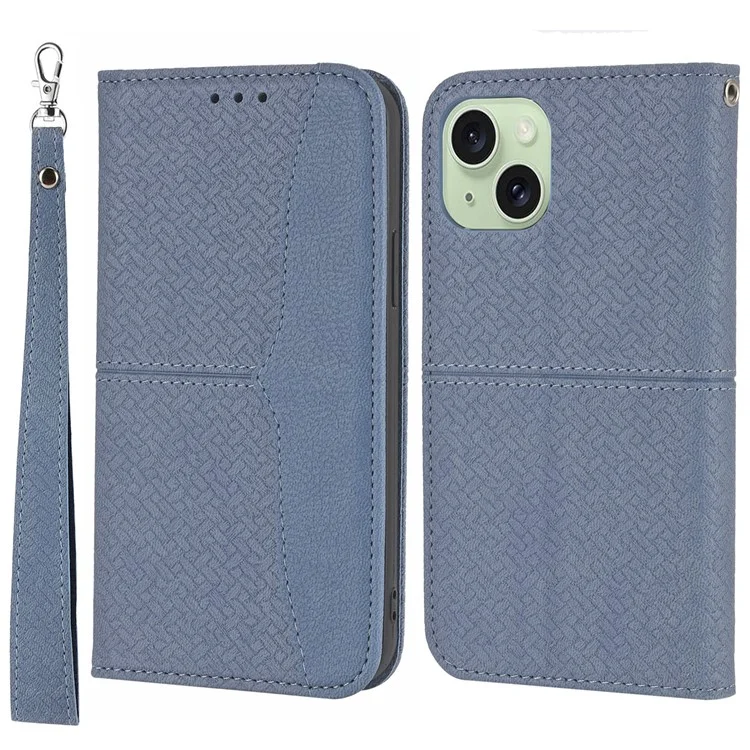 Für iPhone 15 Plus Case Splicing PU Leder Stand Telefon Geldbörse Cover mit Riemen - Grau