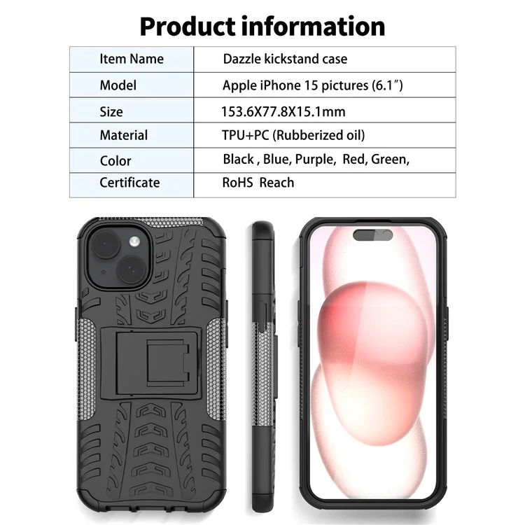 Für iPhone 15 Reifen-Muster Handyhülle mit Ständer PC+TPU Stoßabsorbierend Handyhülle - Blau