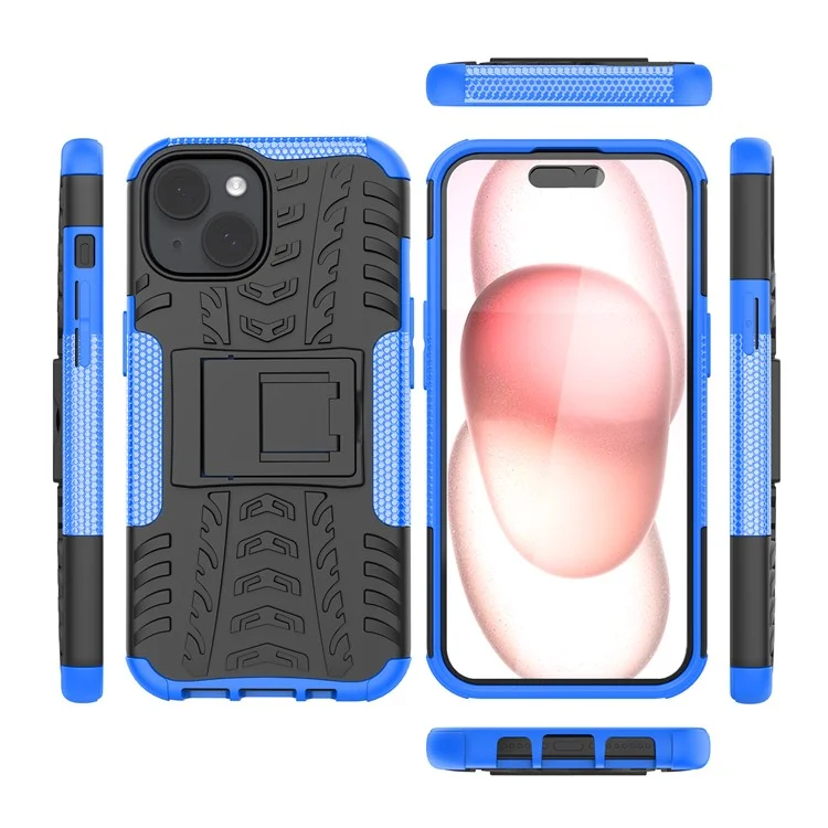 Für iPhone 15 Reifen-Muster Handyhülle mit Ständer PC+TPU Stoßabsorbierend Handyhülle - Blau