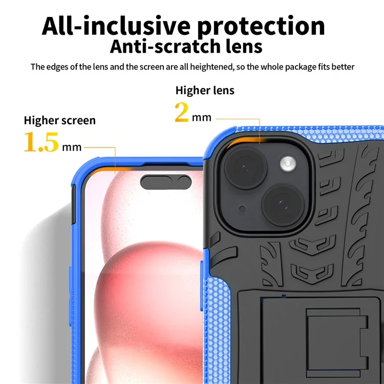 Für iPhone 15 Reifen-Muster Handyhülle mit Ständer PC+TPU Stoßabsorbierend Handyhülle - Blau