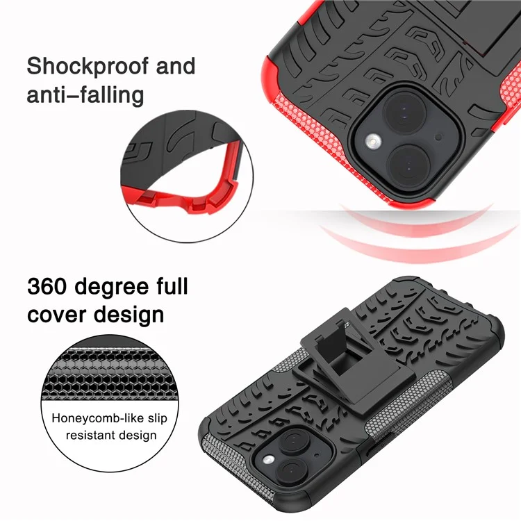 Für iPhone 15 Reifen-Muster Handyhülle mit Ständer PC+TPU Stoßabsorbierend Handyhülle - Blau