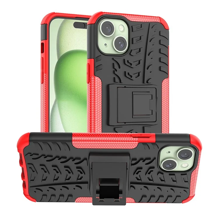 Pour iPhone 15 Plus Tyre Pattern Design Cover PC+TPU Phone Case avec Support - Rouge