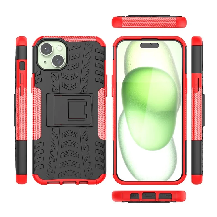 Pour iPhone 15 Plus Tyre Pattern Design Cover PC+TPU Phone Case avec Support - Rouge