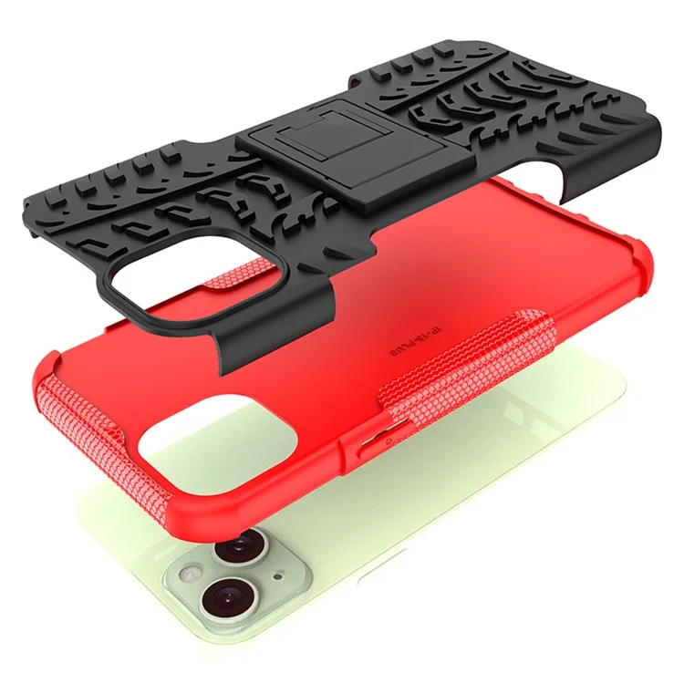 Pour iPhone 15 Plus Tyre Pattern Design Cover PC+TPU Phone Case avec Support - Rouge