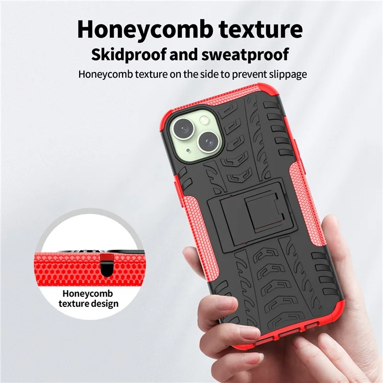 Pour iPhone 15 Plus Tyre Pattern Design Cover PC+TPU Phone Case avec Support - Rouge