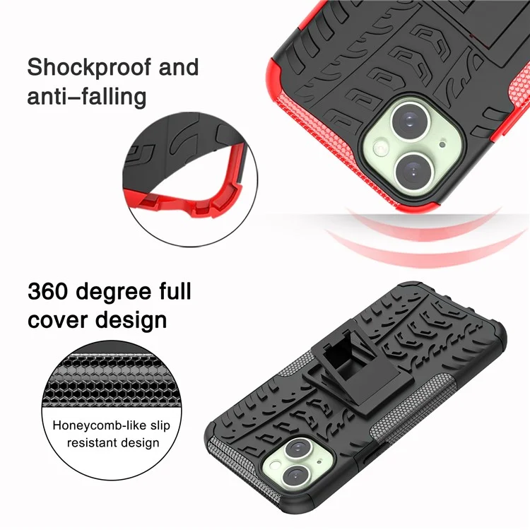 Pour iPhone 15 Plus Tyre Pattern Design Cover PC+TPU Phone Case avec Support - Rouge