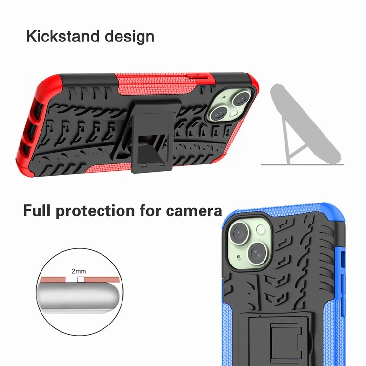 Pour iPhone 15 Plus Tyre Pattern Design Cover PC+TPU Phone Case avec Support - Rouge