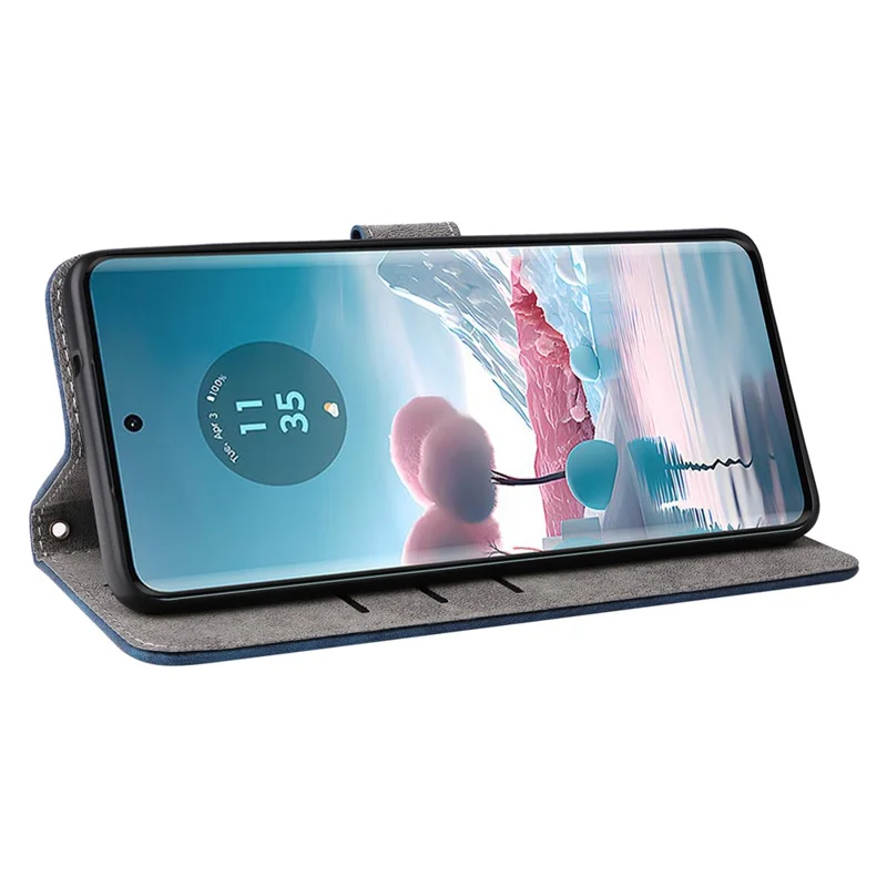 For Motorola Edge 40 Neo 5G Case PU Leather RFID Blocking Phone Cover with Strap - Blue