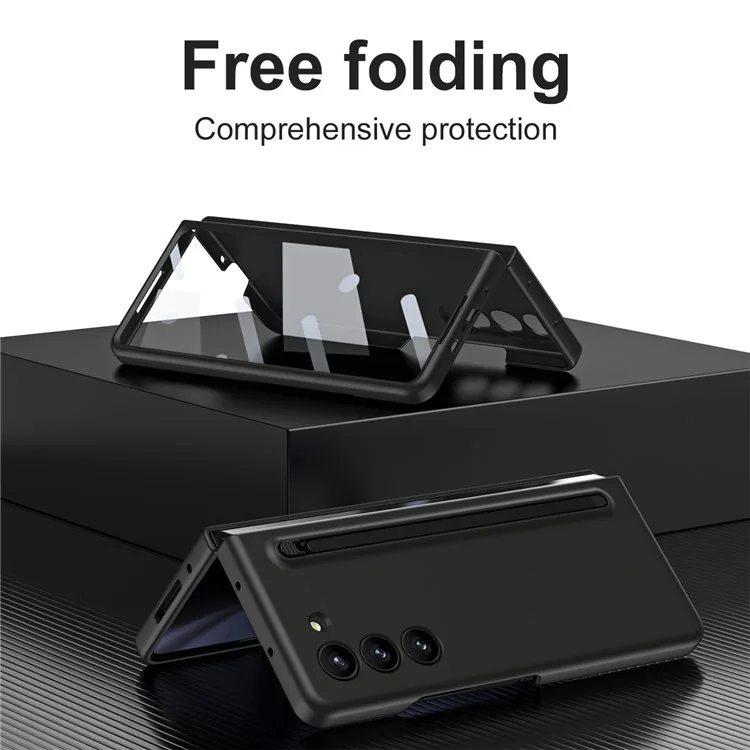 For Samsung Galaxy Z Fold5 5G Case with Stylus / Tempered Glass Film Hard PC Phone Protector - Black+Black Stylus