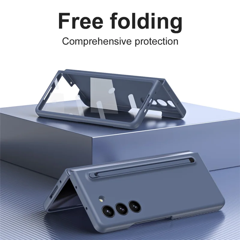 For Samsung Galaxy Z Fold5 5G Case with Stylus / Tempered Glass Film Hard PC Phone Protector - Blue+Blue Stylus