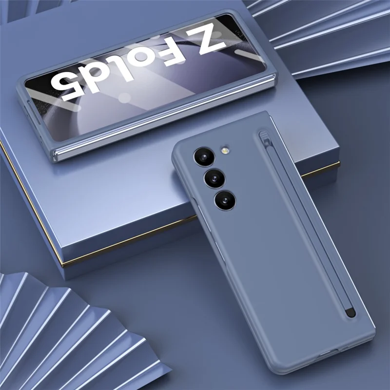 For Samsung Galaxy Z Fold5 5G Case with Stylus / Tempered Glass Film Hard PC Phone Protector - Blue+Blue Stylus