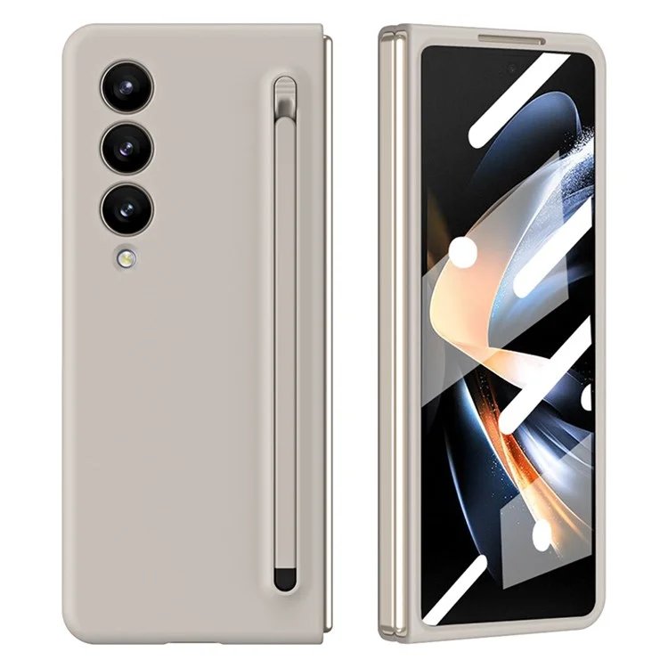 For Samsung Galaxy Z Fold4 5G Case Anti-Drop PC Phone Cover with Stylus / Tempered Glass Film - Light Grey+Grey Stylus