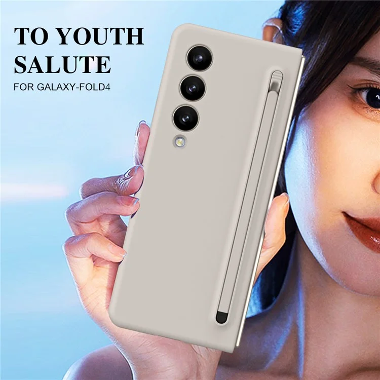 For Samsung Galaxy Z Fold4 5G Case Anti-Drop PC Phone Cover with Stylus / Tempered Glass Film - Light Grey+Grey Stylus