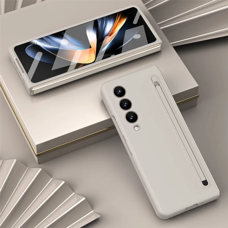 For Samsung Galaxy Z Fold4 5G Case Anti-Drop PC Phone Cover with Stylus / Tempered Glass Film - Light Grey+Grey Stylus