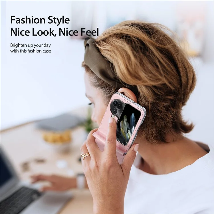 DUX DUCIS Bril Series for Oppo Find N3 Flip 5G Case Anti-Drop PU+PC Phone Cover - Rosa