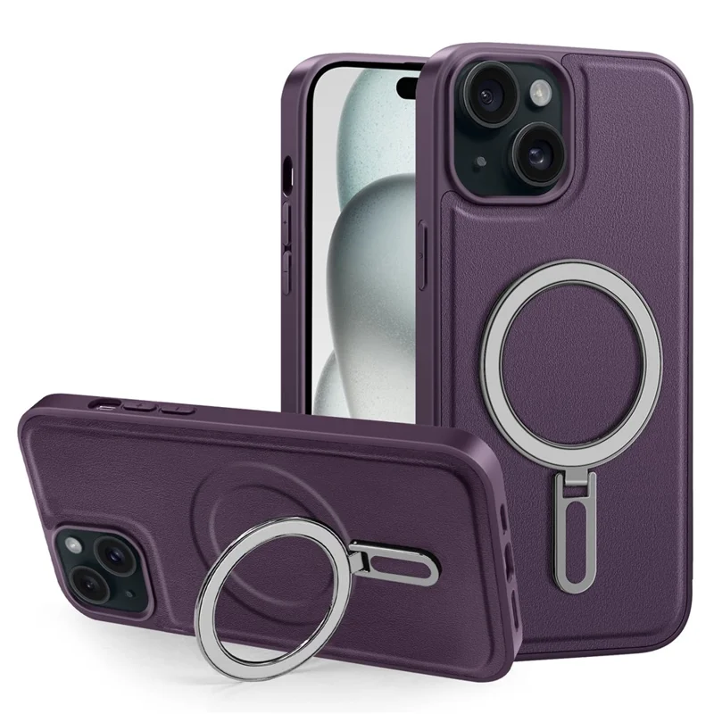 Für Iphone 15 Hülle Leder+pc+tpu Kickstand -telefonabdeckung Kompatibel Mit Magsafe - Lila
