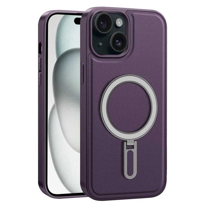 Für Iphone 15 Hülle Leder+pc+tpu Kickstand -telefonabdeckung Kompatibel Mit Magsafe - Lila
