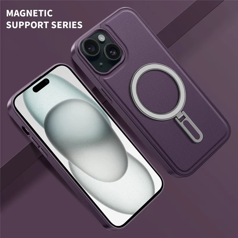 Für Iphone 15 Hülle Leder+pc+tpu Kickstand -telefonabdeckung Kompatibel Mit Magsafe - Lila