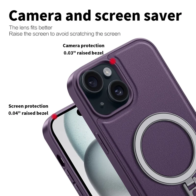 Für Iphone 15 Hülle Leder+pc+tpu Kickstand -telefonabdeckung Kompatibel Mit Magsafe - Lila