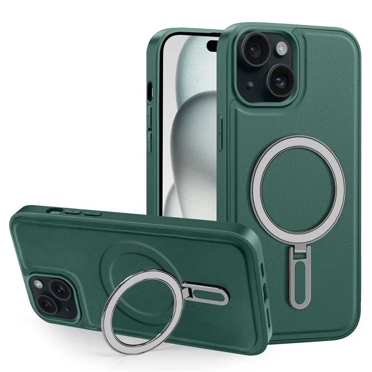 Per Iphone 15 Case Leather+PC+TPU Kickstand Cover Del Telefono Compatibile Con MagSafe - Verde