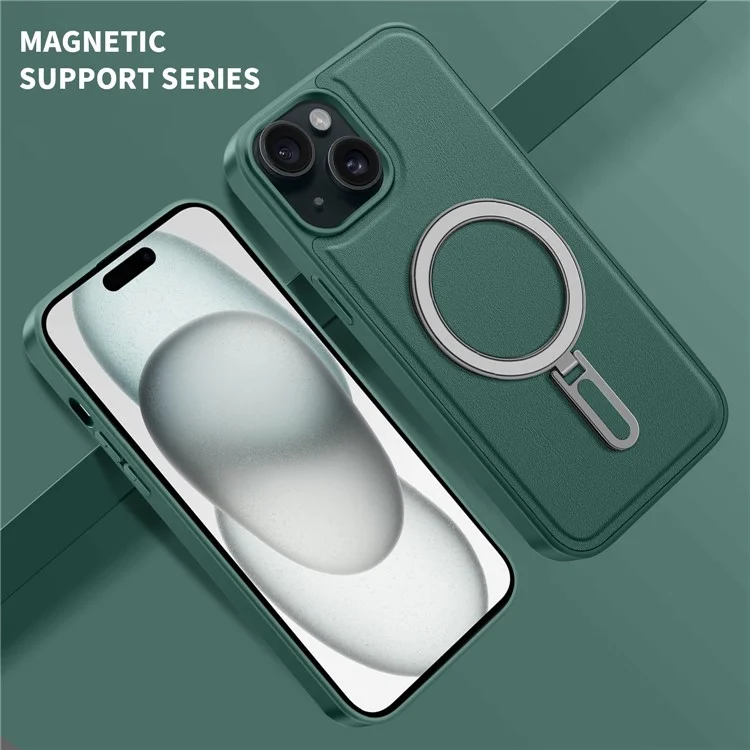 Per Iphone 15 Case Leather+PC+TPU Kickstand Cover Del Telefono Compatibile Con MagSafe - Verde