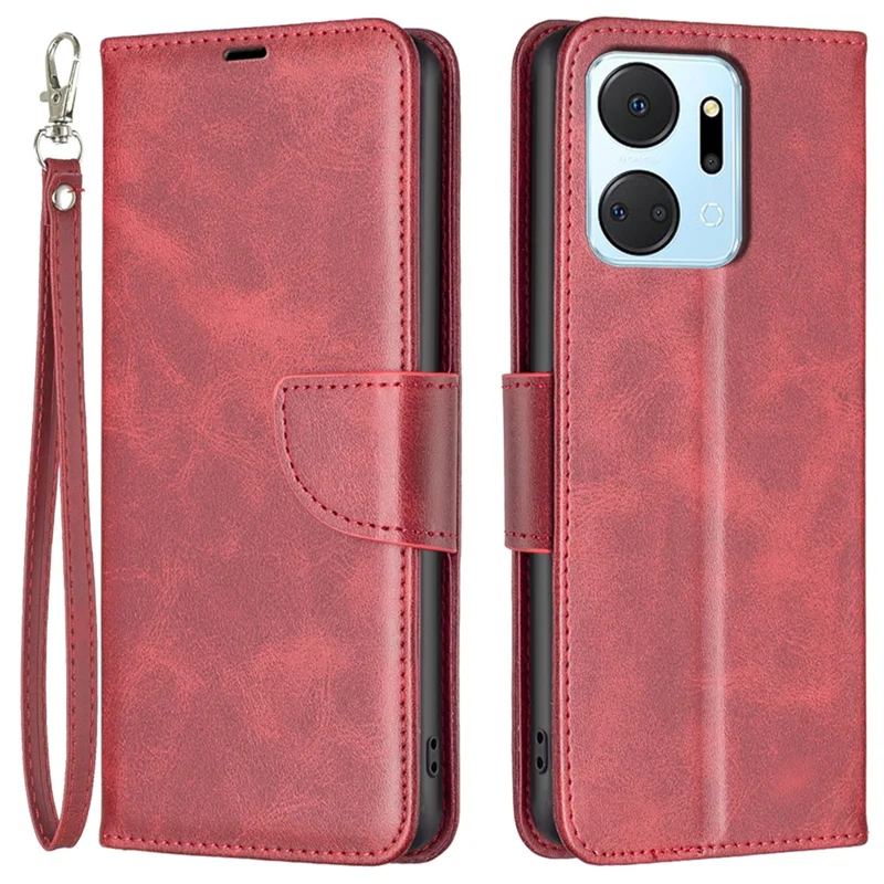 For Honor X7a 4G Phone Case PU Leather Stand Cover with Wallet - Red