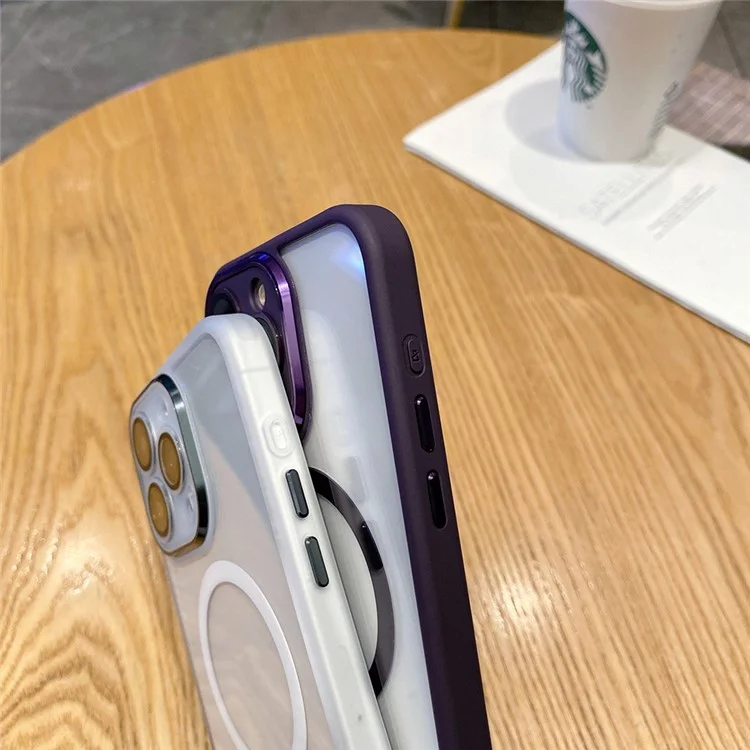 For iPhone 15 Pro Magnetic Case Lens Protector Clear Back Phone Cover Compatible with MagSafe - Transparent White