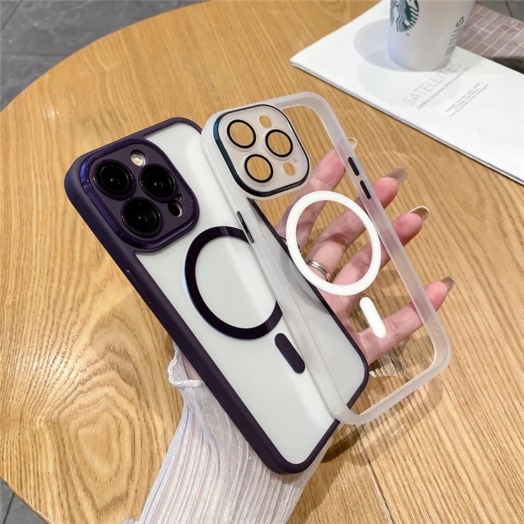 For iPhone 15 Pro Magnetic Case Lens Protector Clear Back Phone Cover Compatible with MagSafe - Transparent White