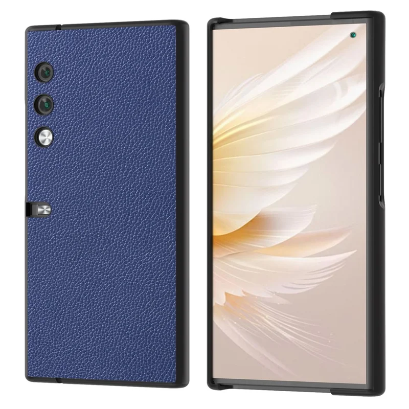 For Honor V Purse Case Genuine Cow Leather Coated PC Litchi Texture Back Phone Cover - Blue